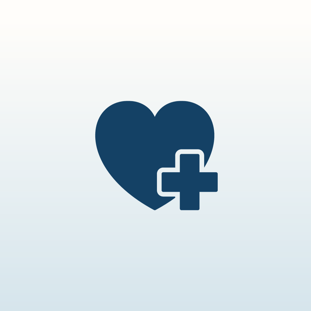 Light blue background with a dark blue heart and cross in the center.