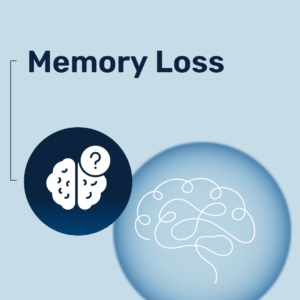 Light blue box that says "Memory Loss" in dark blue text. There are two sketches of a brain; one with a question mark to indicate forgetfulness