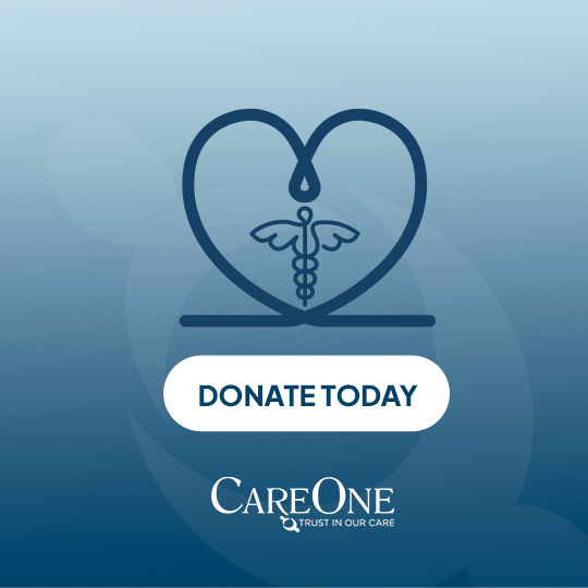 An image of illustrated angel wings inside of a heart impression. Below it reads "Donate Today" as well as the CareOne company logo