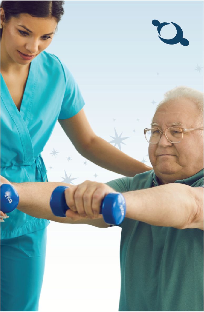 Female caregiver working with older man, holding small weights