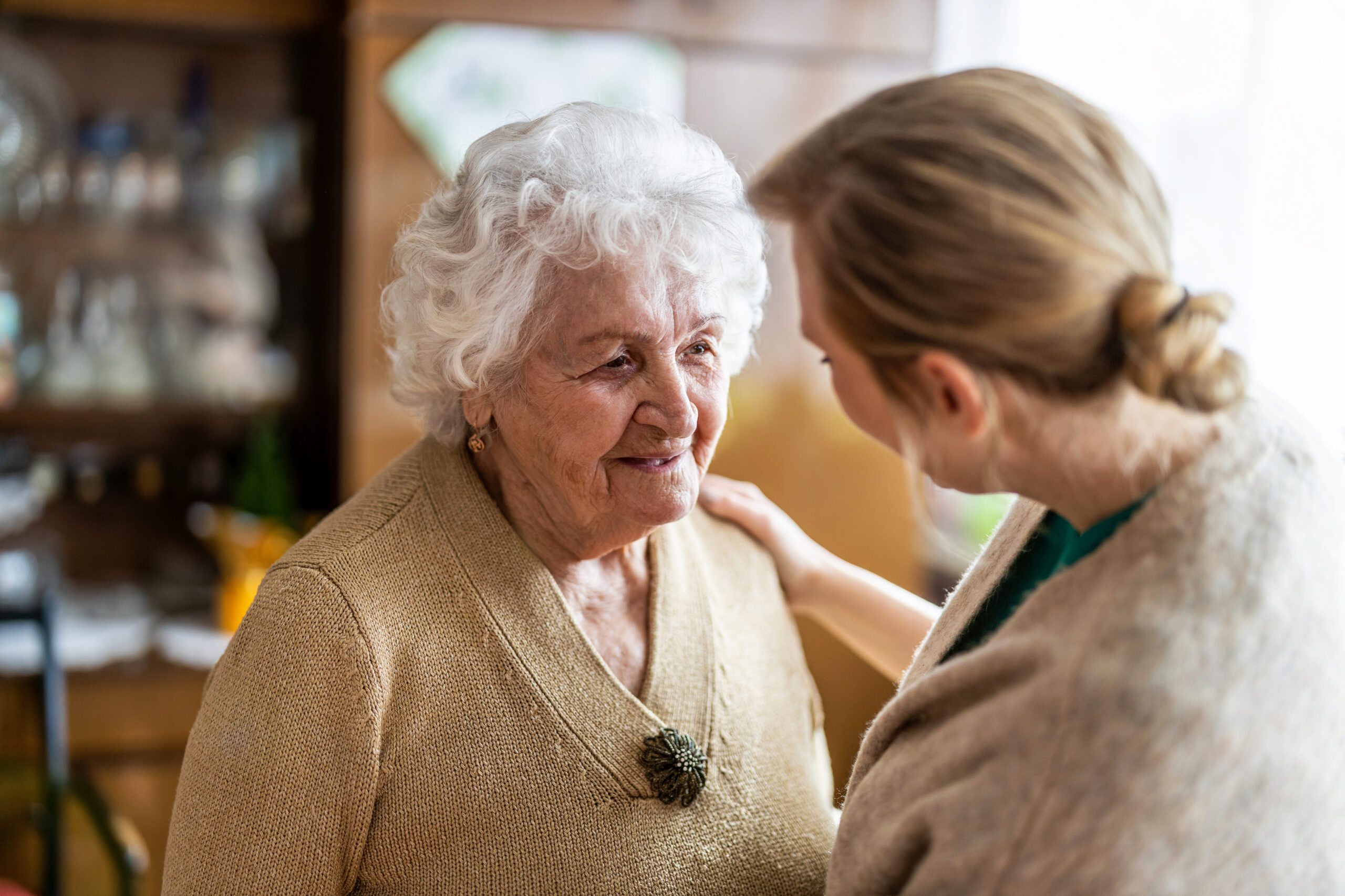 Home health aide providing compassionate home care to an elderly woman