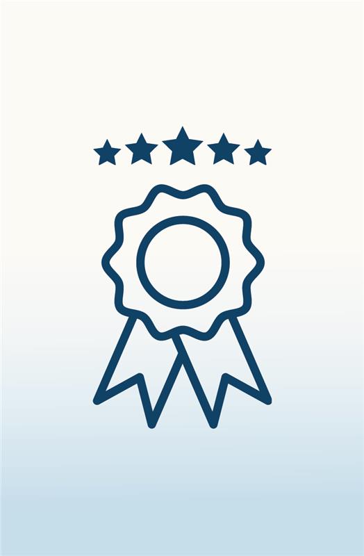 A blue icon of an award ribbon with five stars arched above the ribbon. Background is white at the top and fades into a light blue at the bottom of the image.
