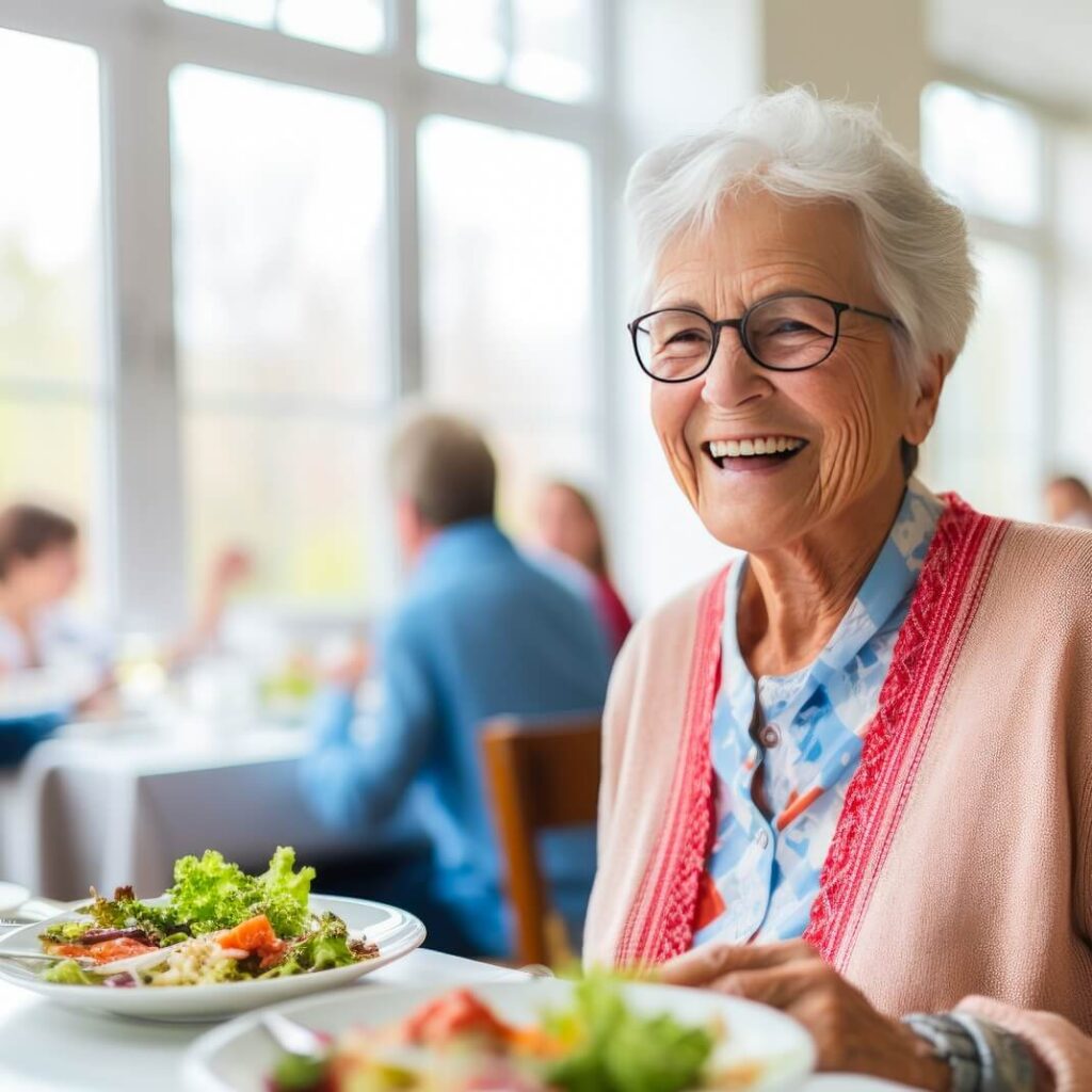AI, older woman smiling, sitting at table with salads, dining