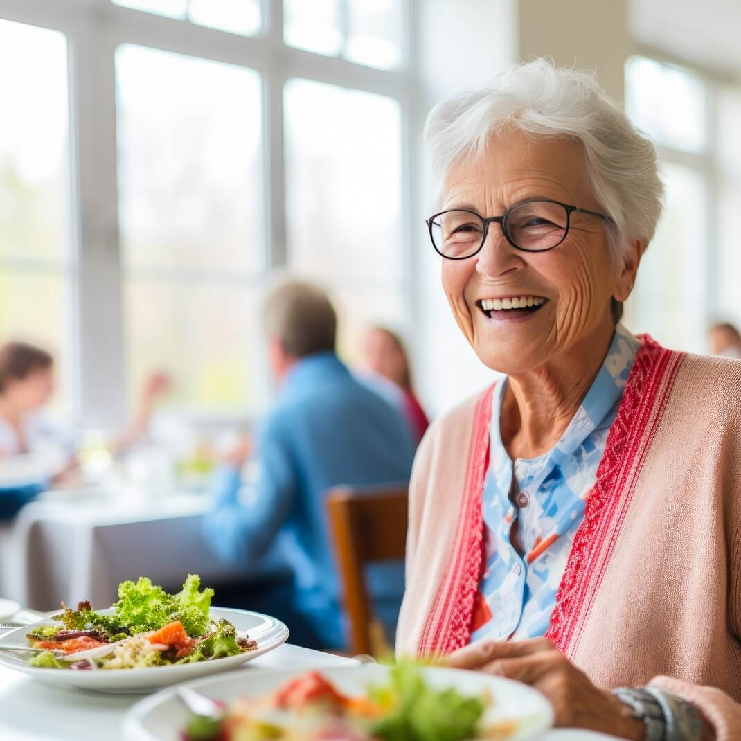 AI, older woman smiling, sitting at table with salads, dining