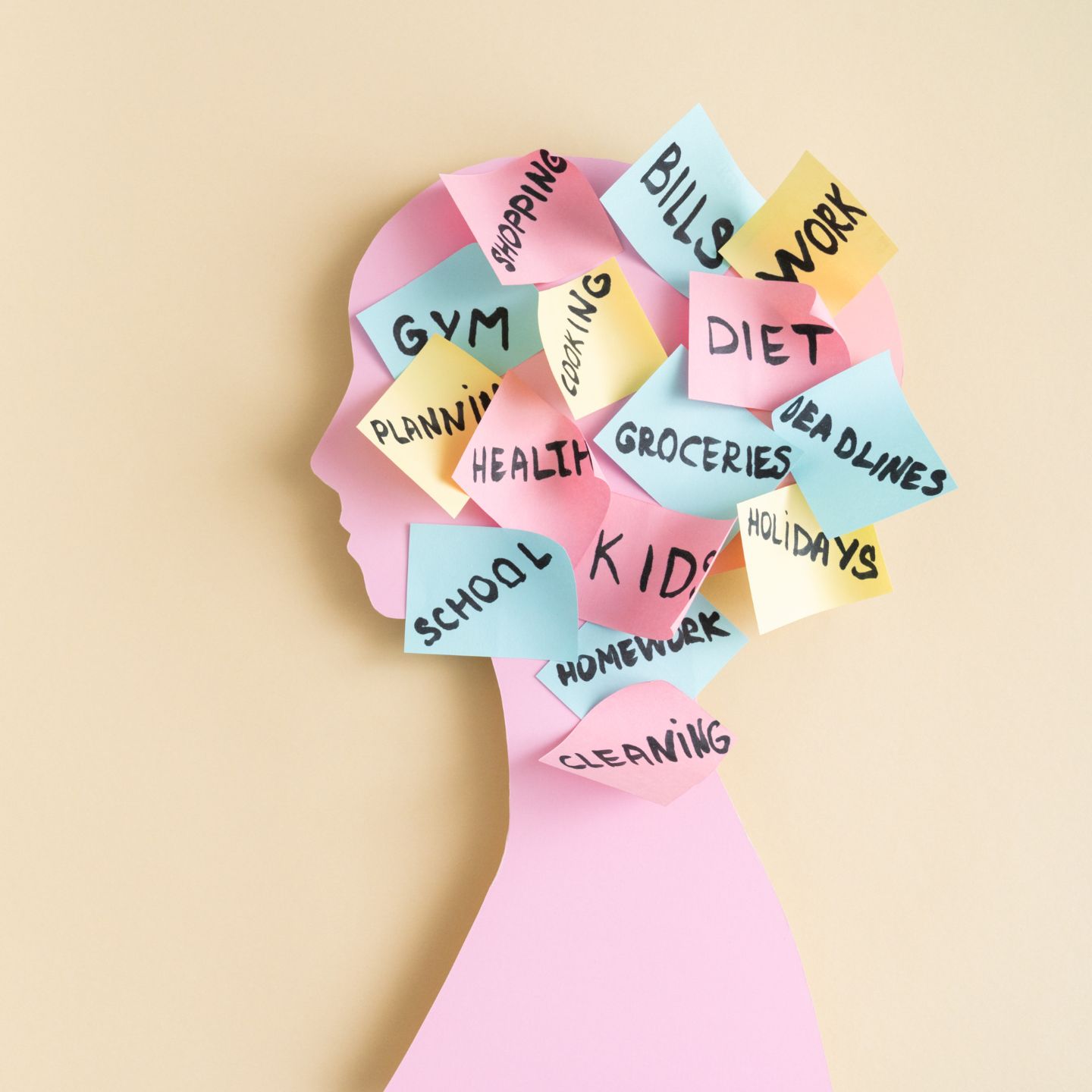Post-its displayed on brain marking stressors for caregivers