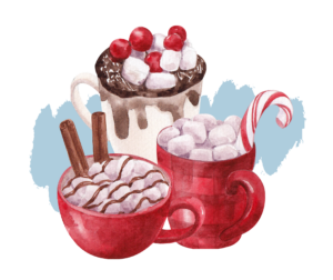 An illustration of three mugs of hot coca with cinnamon sticks, candy canes, and marshmallows. Making hot cocoa is one of the best holiday activities for seniors!